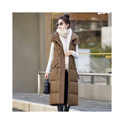 Womens Long Hooded Puffer Vest Sleeveless Winter Full Zip Warm Coat with Pockets