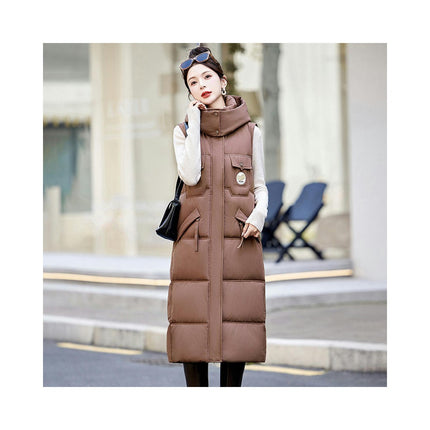 Womens Long Hooded Puffer Vest Sleeveless Winter Full Zip Warm Coat with Pockets