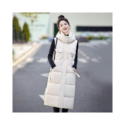 Womens Long Hooded Puffer Vest Sleeveless Winter Full Zip Warm Coat with Pockets