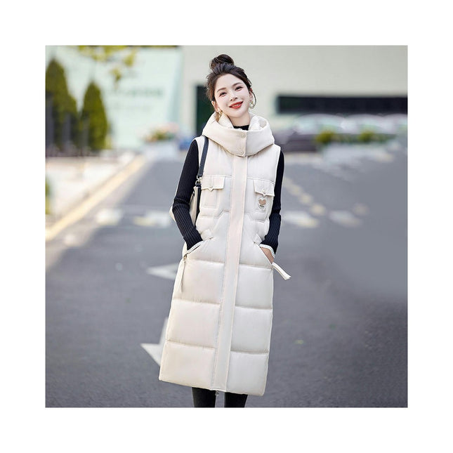 Womens Long Hooded Puffer Vest Sleeveless Winter Full Zip Warm Coat with Pockets