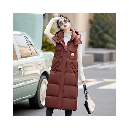 Womens Long Hooded Puffer Vest Sleeveless Winter Full Zip Warm Coat with Pockets