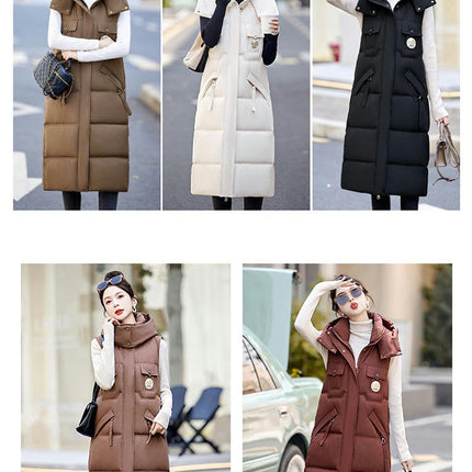 Womens Long Hooded Puffer Vest Sleeveless Winter Full Zip Warm Coat with Pockets