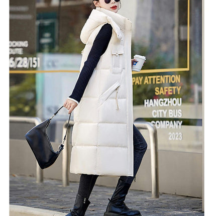 Womens Long Hooded Puffer Vest Sleeveless Winter Full Zip Warm Coat with Pockets