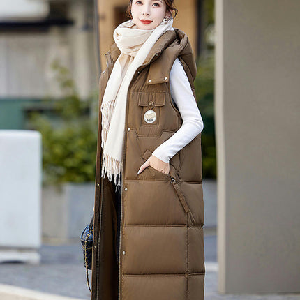 Womens Long Hooded Puffer Vest Sleeveless Winter Full Zip Warm Coat with Pockets