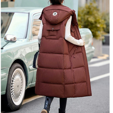 Womens Long Hooded Puffer Vest Sleeveless Winter Full Zip Warm Coat with Pockets