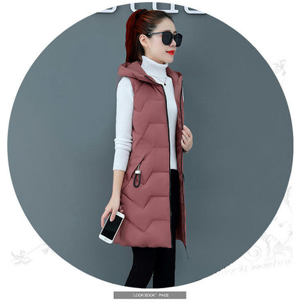 Womens Long Puffer Vest Sleeveless Hooded Jackets Winter Warm Gilet Outerwear