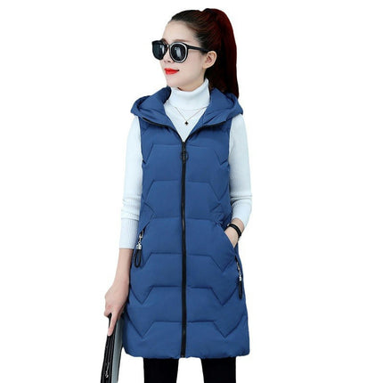 Womens Long Puffer Vest Sleeveless Hooded Jackets Winter Warm Gilet Outerwear