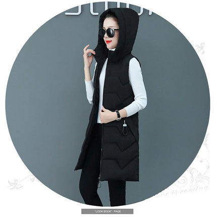 Womens Long Puffer Vest Sleeveless Hooded Jackets Winter Warm Gilet Outerwear