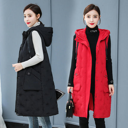Women's Long Puffer Vest Cotton Sleeveless Puffy Jacket with Hood