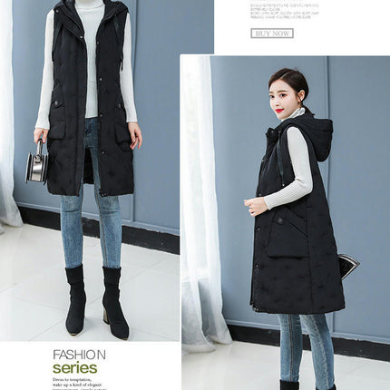 Women's Long Puffer Vest Cotton Sleeveless Puffy Jacket with Hood