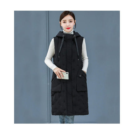 Women's Long Puffer Vest Cotton Sleeveless Puffy Jacket with Hood