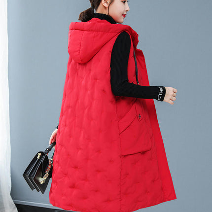 Women's Long Puffer Vest Cotton Sleeveless Puffy Jacket with Hood