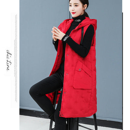 Women's Long Puffer Vest Cotton Sleeveless Puffy Jacket with Hood
