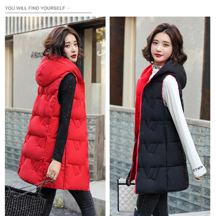 Women's Long Vest Winter Hooded Sleeveless Zip Up Long Jacket Vest