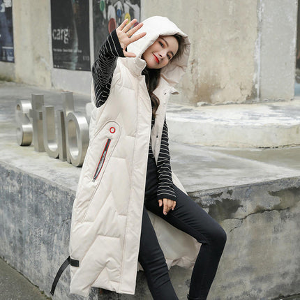 Womens Down Vest with Stand Collar Hooded Sleeveless Long Coats Jacket
