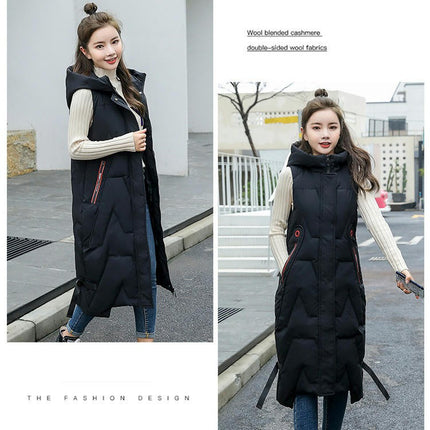 Womens Down Vest with Stand Collar Hooded Sleeveless Long Coats Jacket