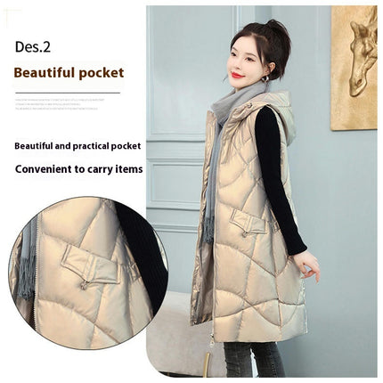 Long Puffer Vest for Women Zip Up Hooded Winter Quilted Vest Jacket