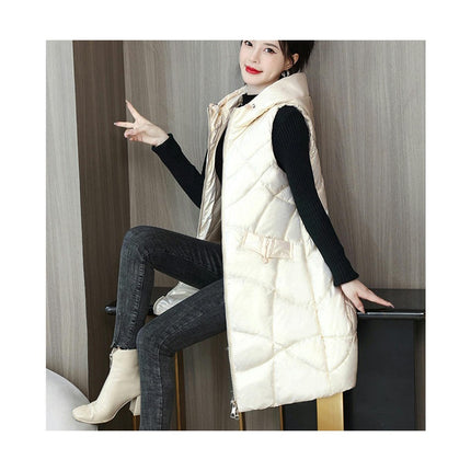 Long Puffer Vest for Women Zip Up Hooded Winter Quilted Vest Jacket