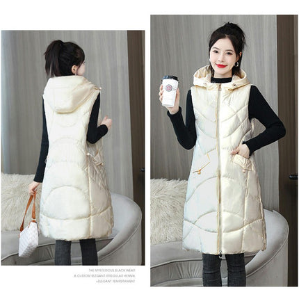 Long Puffer Vest for Women Zip Up Hooded Winter Quilted Vest Jacket