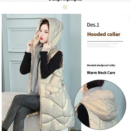 Long Puffer Vest for Women Zip Up Hooded Winter Quilted Vest Jacket