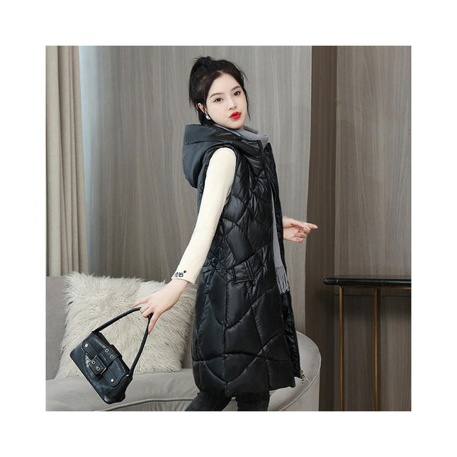 Long Puffer Vest for Women Zip Up Hooded Winter Quilted Vest Jacket
