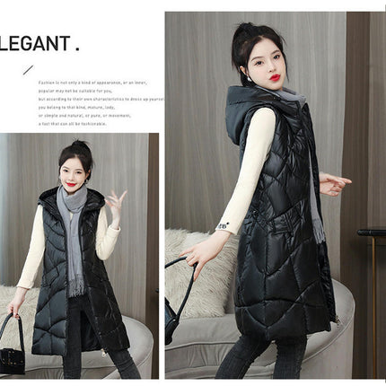 Long Puffer Vest for Women Zip Up Hooded Winter Quilted Vest Jacket