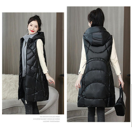 Long Puffer Vest for Women Zip Up Hooded Winter Quilted Vest Jacket