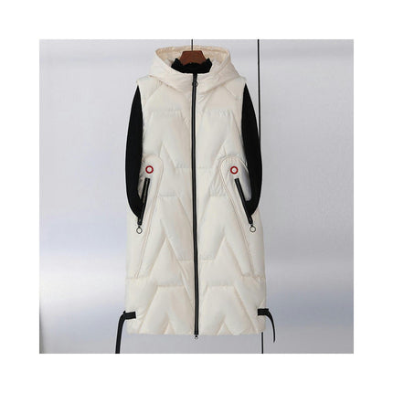 Womens Long Puffer Vest Full-Zip Hooded Sleeveless Down Jacket Coats