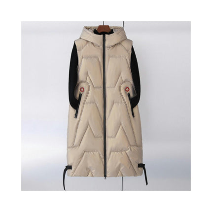 Womens Long Puffer Vest Full-Zip Hooded Sleeveless Down Jacket Coats
