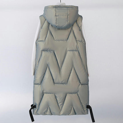 Womens Long Puffer Vest Full-Zip Hooded Sleeveless Down Jacket Coats