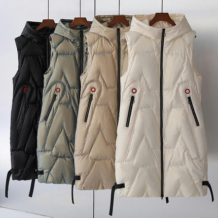 Womens Long Puffer Vest Full-Zip Hooded Sleeveless Down Jacket Coats