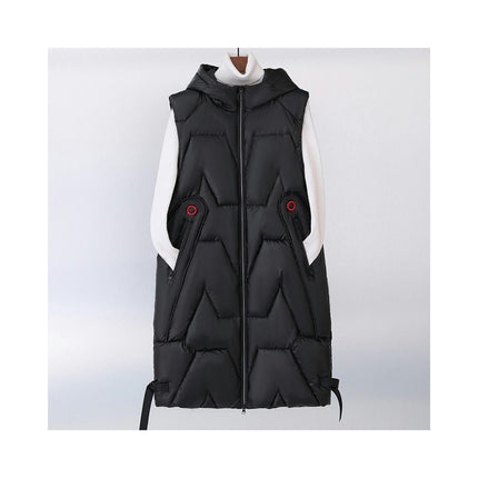 Womens Long Puffer Vest Full-Zip Hooded Sleeveless Down Jacket Coats