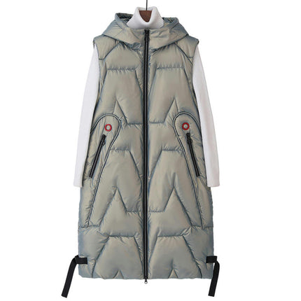 Womens Long Puffer Vest Full-Zip Hooded Sleeveless Down Jacket Coats