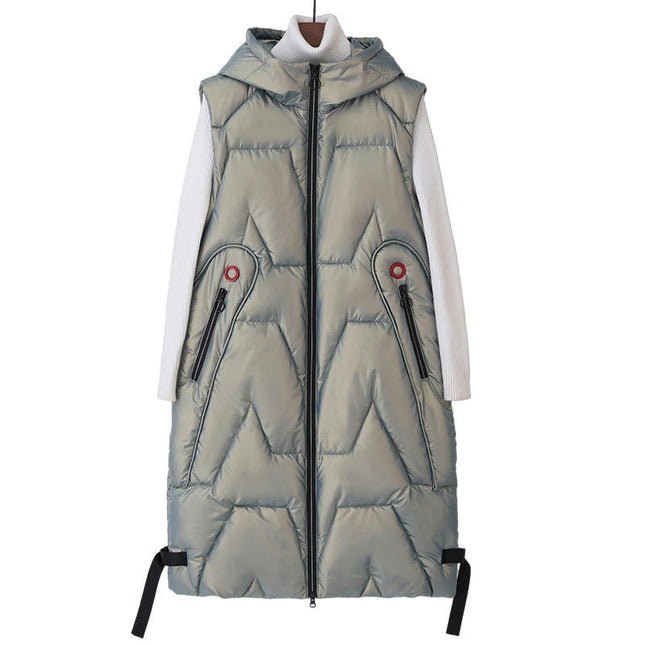 Womens Long Puffer Vest Full-Zip Hooded Sleeveless Down Jacket Coats