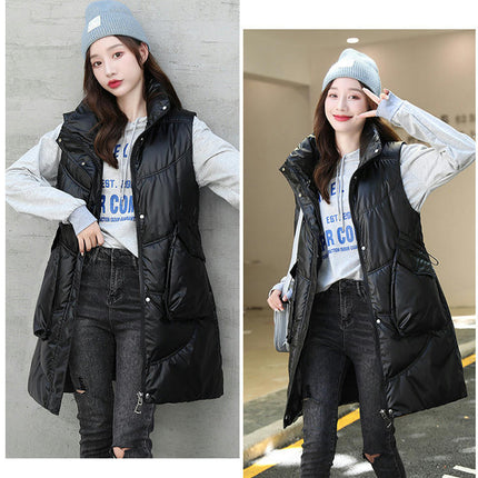 Women Long Stand Collar Gilet Zip Vest Sleeveless Winter Down Warm Vests Jackets