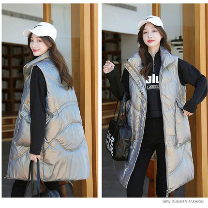 Women Long Stand Collar Gilet Zip Vest Sleeveless Winter Down Warm Vests Jackets