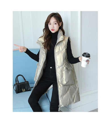 Women Long Stand Collar Gilet Zip Vest Sleeveless Winter Down Warm Vests Jackets