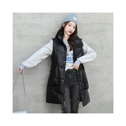 Women Long Stand Collar Gilet Zip Vest Sleeveless Winter Down Warm Vests Jackets