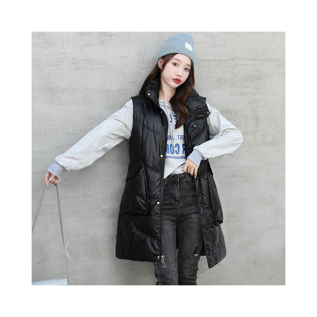 Women Long Stand Collar Gilet Zip Vest Sleeveless Winter Down Warm Vests Jackets