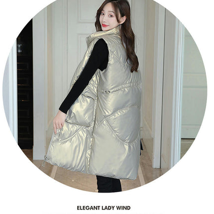 Women Long Stand Collar Gilet Zip Vest Sleeveless Winter Down Warm Vests Jackets