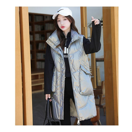 Women Long Stand Collar Gilet Zip Vest Sleeveless Winter Down Warm Vests Jackets