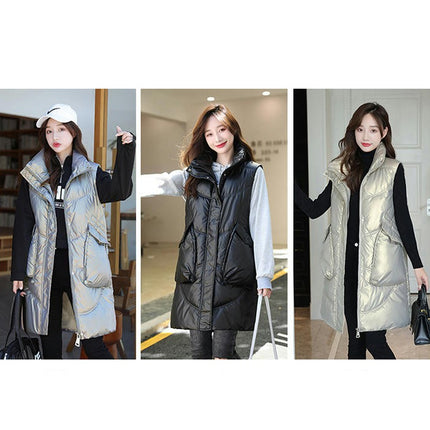 Women Long Stand Collar Gilet Zip Vest Sleeveless Winter Down Warm Vests Jackets