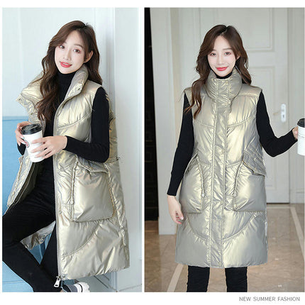 Women Long Stand Collar Gilet Zip Vest Sleeveless Winter Down Warm Vests Jackets