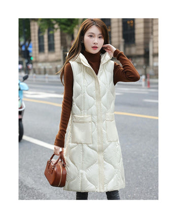 Womens Long Puffer Vest Zip Up Sleeveless Hooded Down Coat