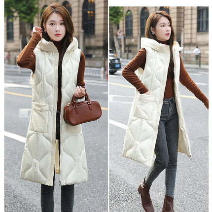 Womens Long Puffer Vest Zip Up Sleeveless Hooded Down Coat