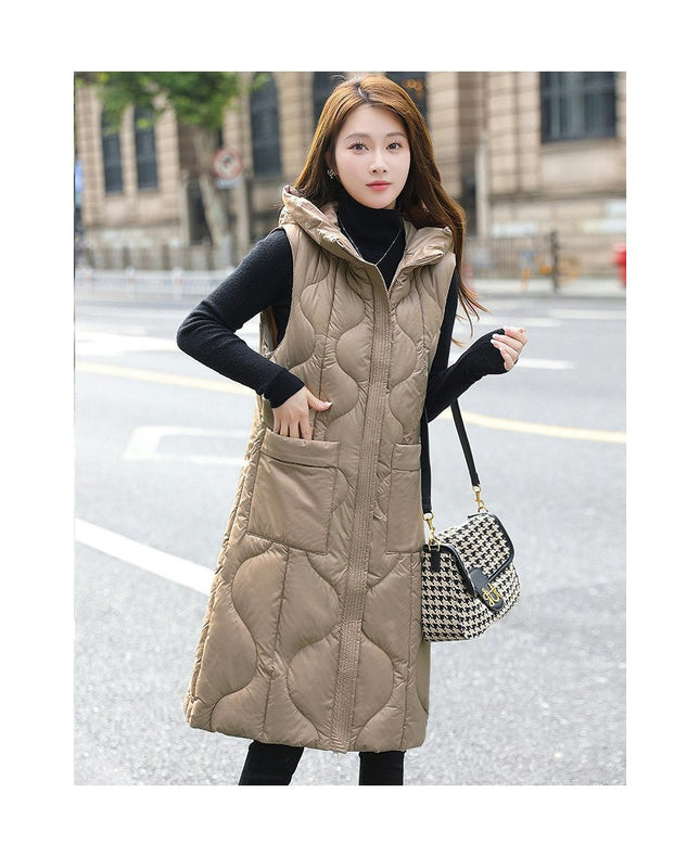 Womens Long Puffer Vest Zip Up Sleeveless Hooded Down Coat