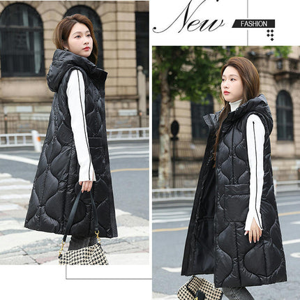 Womens Long Puffer Vest Zip Up Sleeveless Hooded Down Coat