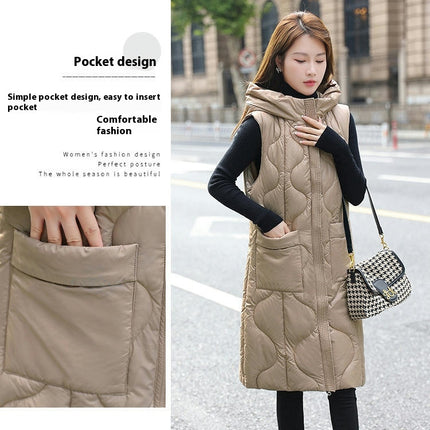 Womens Long Puffer Vest Zip Up Sleeveless Hooded Down Coat
