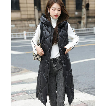 Womens Long Puffer Vest Zip Up Sleeveless Hooded Down Coat