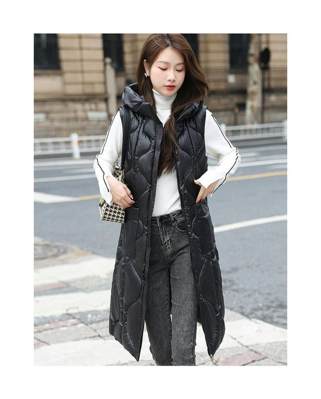Womens Long Puffer Vest Zip Up Sleeveless Hooded Down Coat